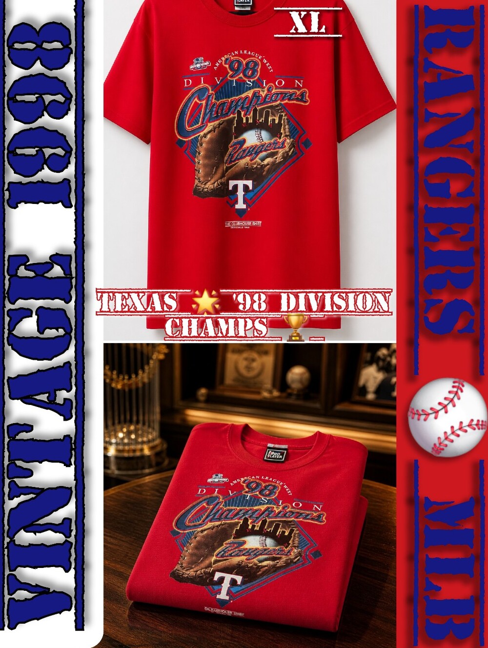 📣 Vintage Pro Player 1998 ⚾ Texas 🌟Rangers Division Champions 🏆 SZ XL ❤️👕